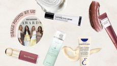 A collage featuring products from Rare Beauty, Drybar, The Inkey List, Embryolisse and Glow Recipe that can be found in Sephora's under-&pound;10 offers section/ on a cream background with skincare and makeup swatches and a picture of the Digital Beauty team by the words "deals found by us"
