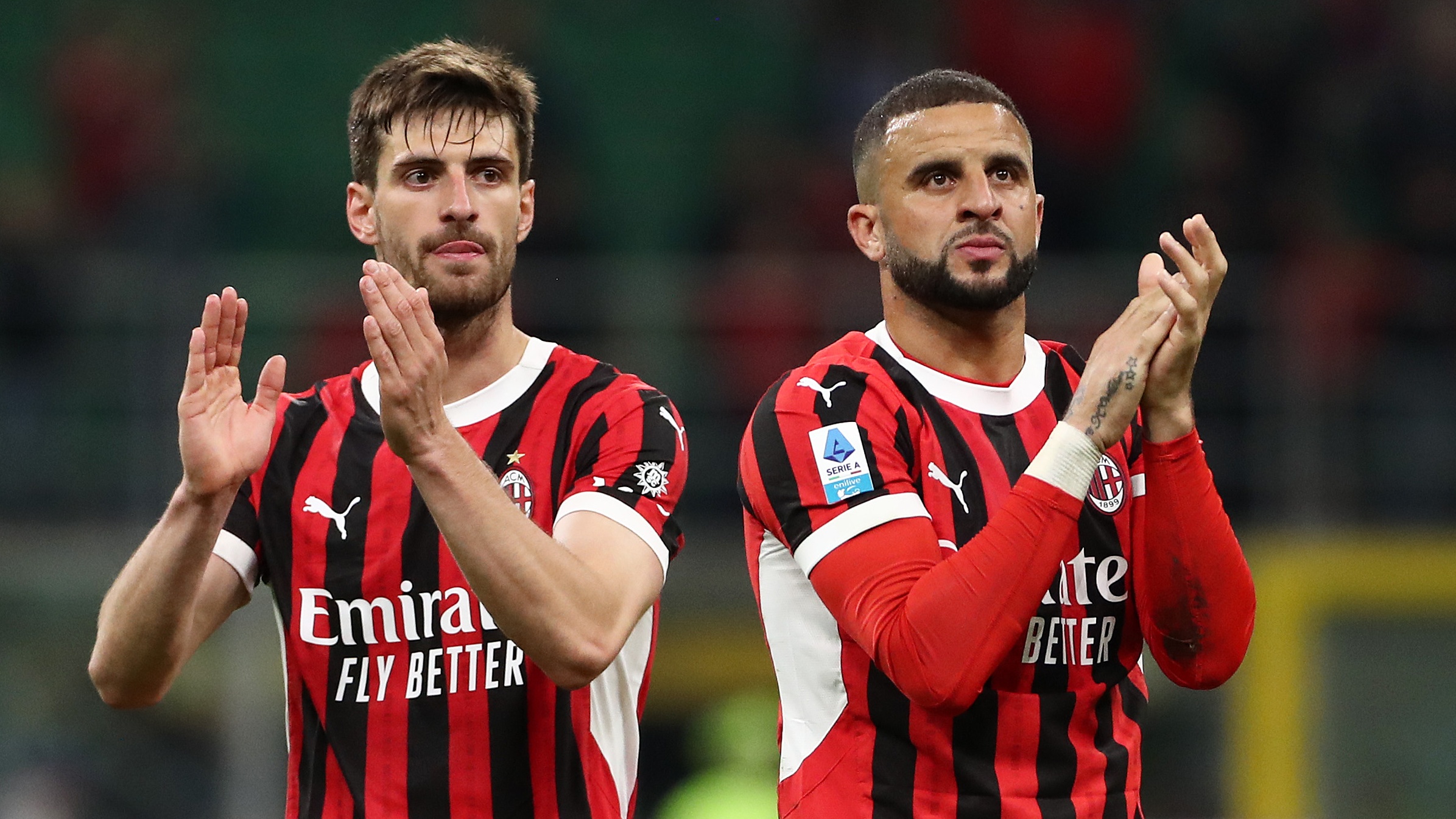 Matteo Gabbia and Kyle Walker of AC Milan applaud the fans after the Serie A match between AC Milan and Bologna ahead of Coppa Italia final against Bologna.