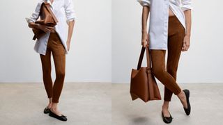 composite of model wearing Mango Suede Leggings in light brown