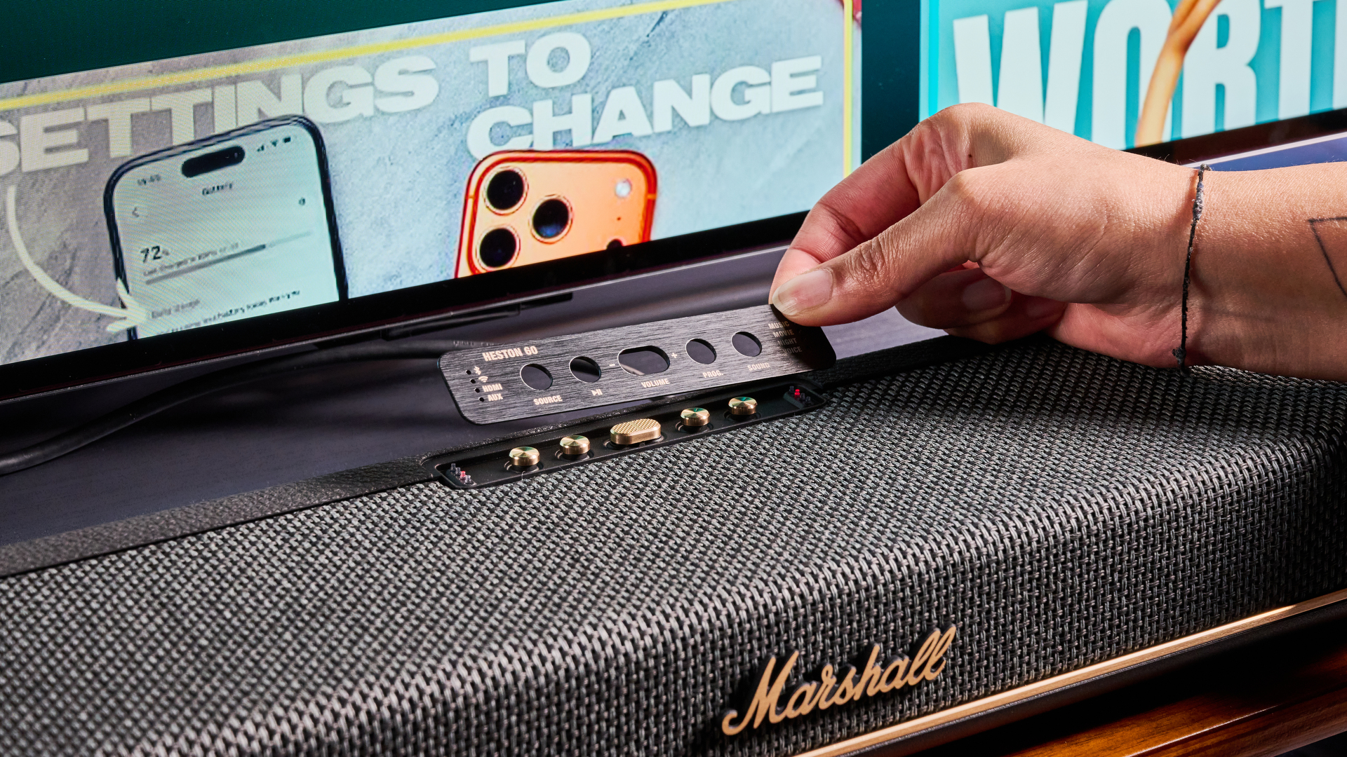 A Marshall Heston 60 compact mid-range soundbar in black