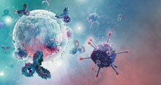 Medical illustration of white blood cells fighting pathogens
