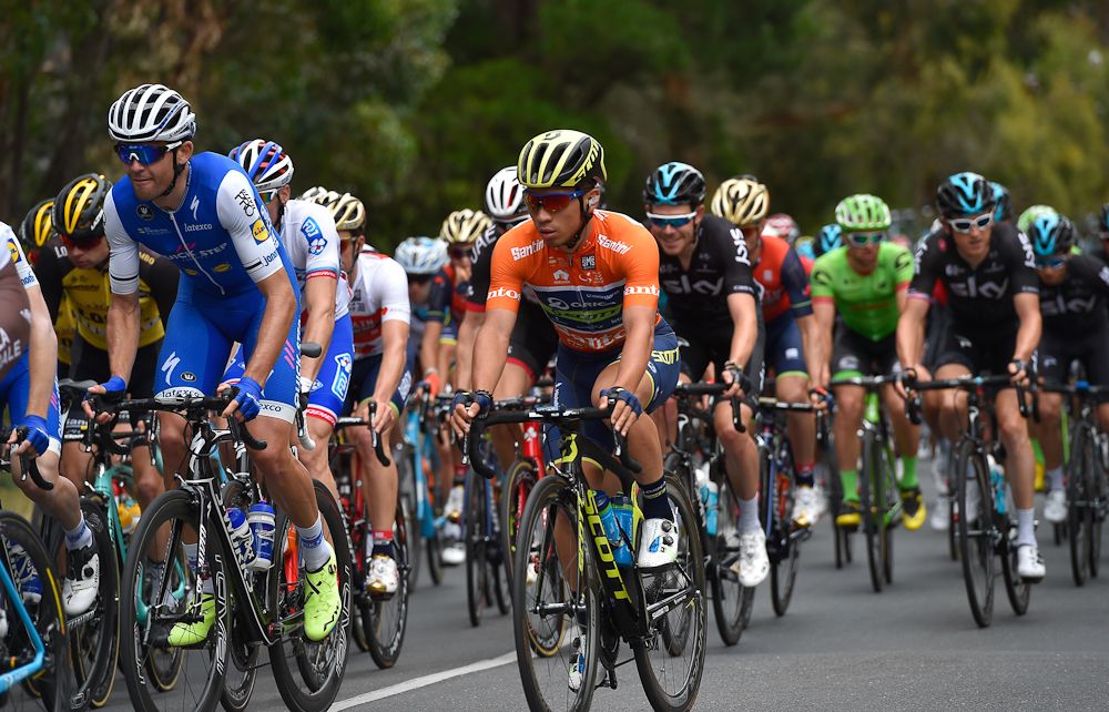 Race leader Caleb Ewan in the bunch during stage 2 at the Tour Down Under.