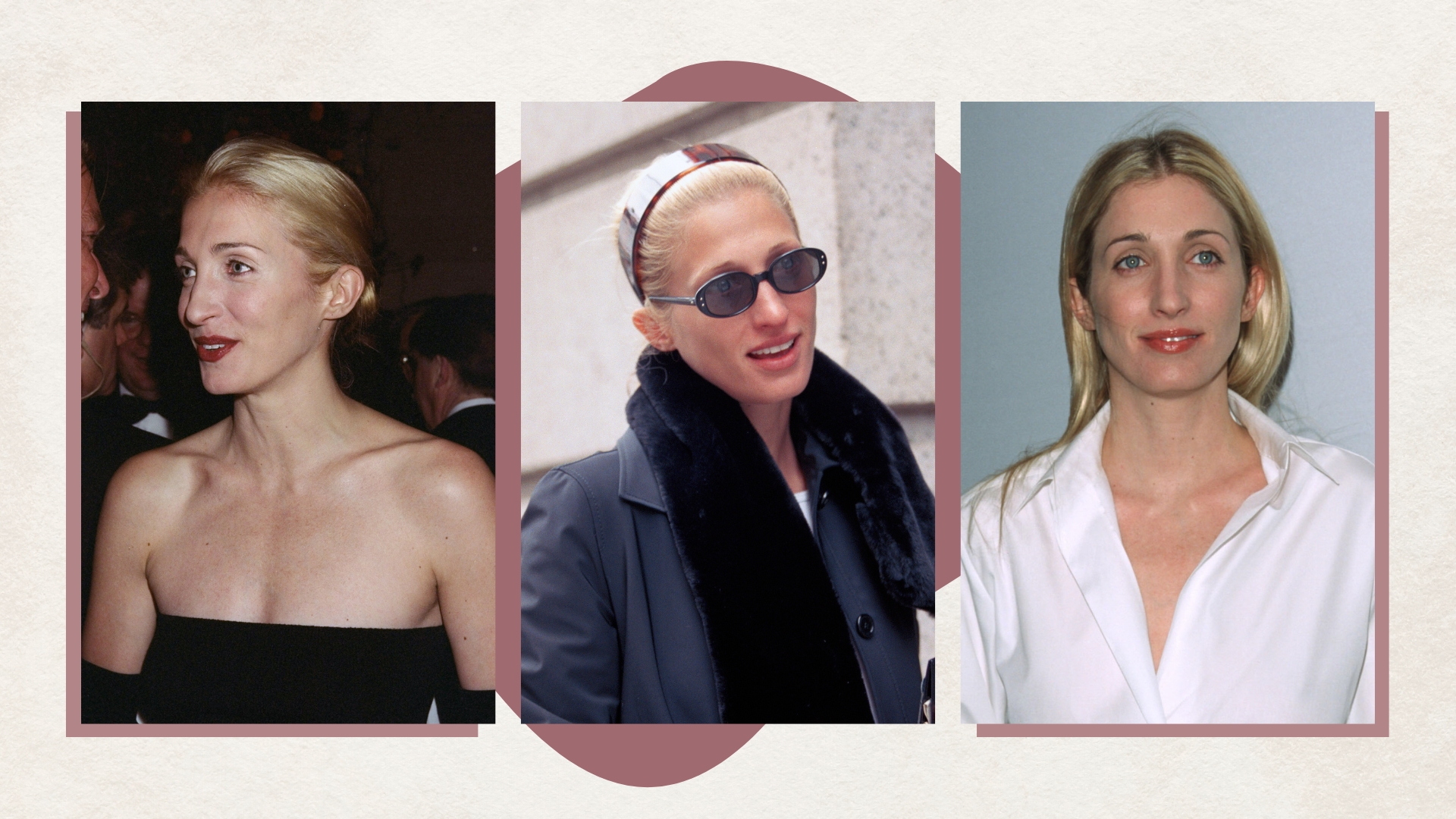 Trio of images of Carolyn Bessette-Kennedy on a beige background with mauve details