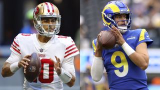 Composite image of Jimmy Garoppolo and Matt Stafford for the 49ers vs Rams live stream