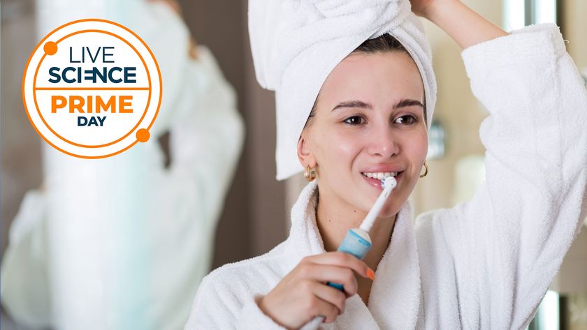 A Live Science Prime Day logo and a woman brushing her teeth with an electric toothbrush