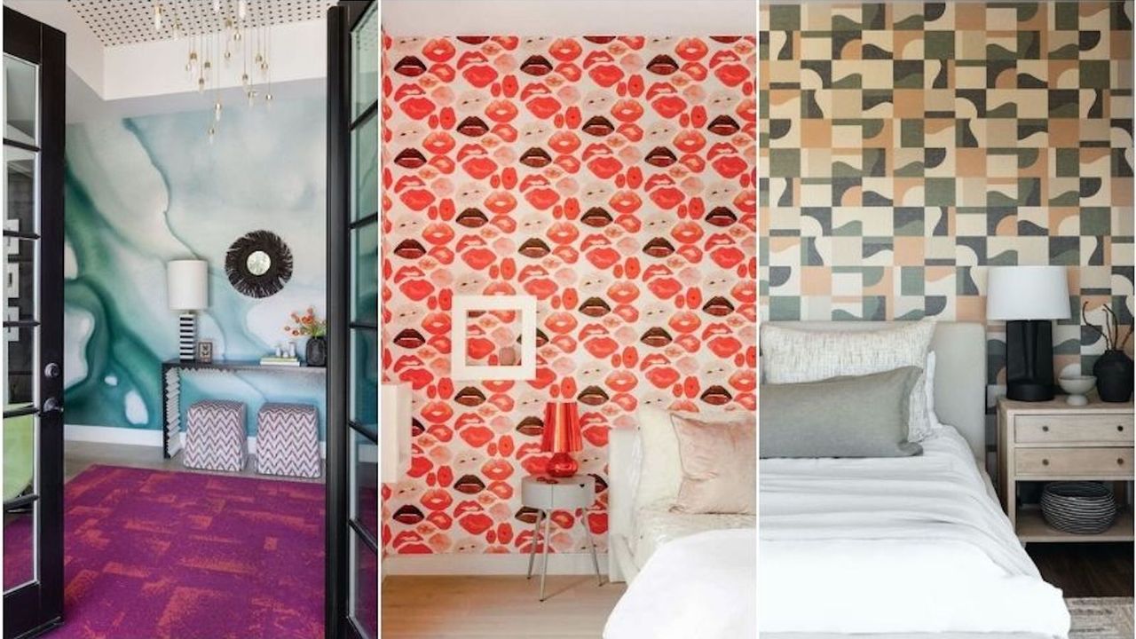 three rooms with patterned wallpaper