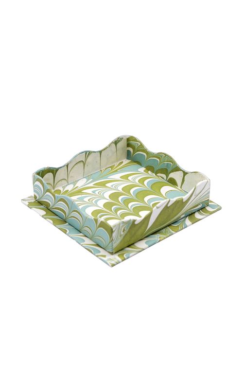 Nesting Scalloped Hand-Marbled Trays in Robin Blue