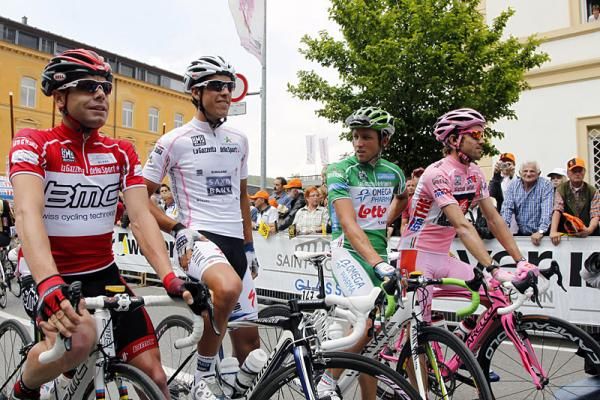 The main classification leaders at the start of stage 17 (l-r): Cadel Evans, Richie Porte, Matt Lloyd and David Arroyo.