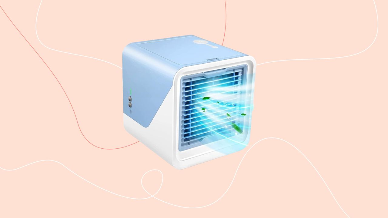 Blue air cooler on pink background