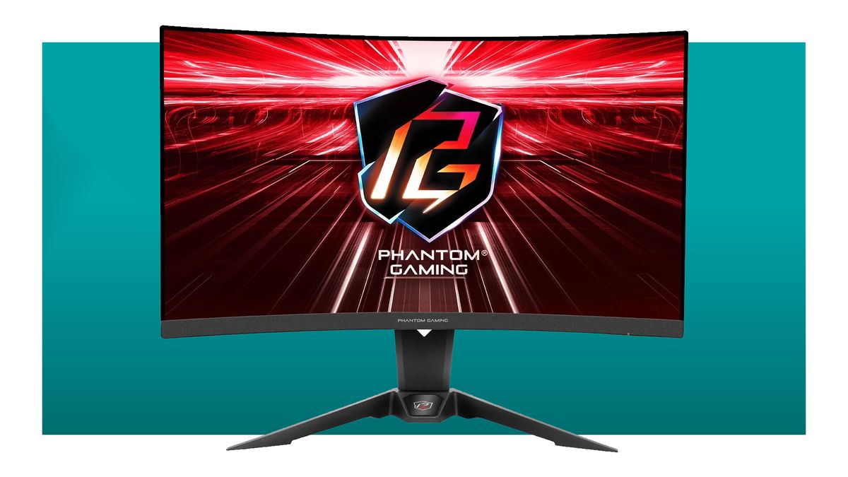 The ASRock Phantom PG27Q15R2A gaming monitor on a teal deals background