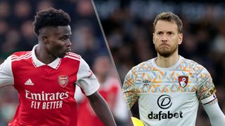 (L to R) Bukayo Saka and Neto will face off in the Arsenal vs Bournemouth live stream
