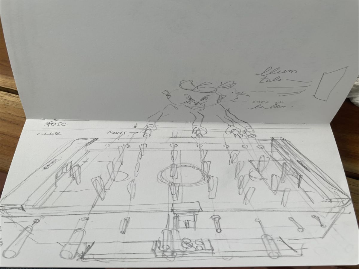 A painting of a table football game, and in game