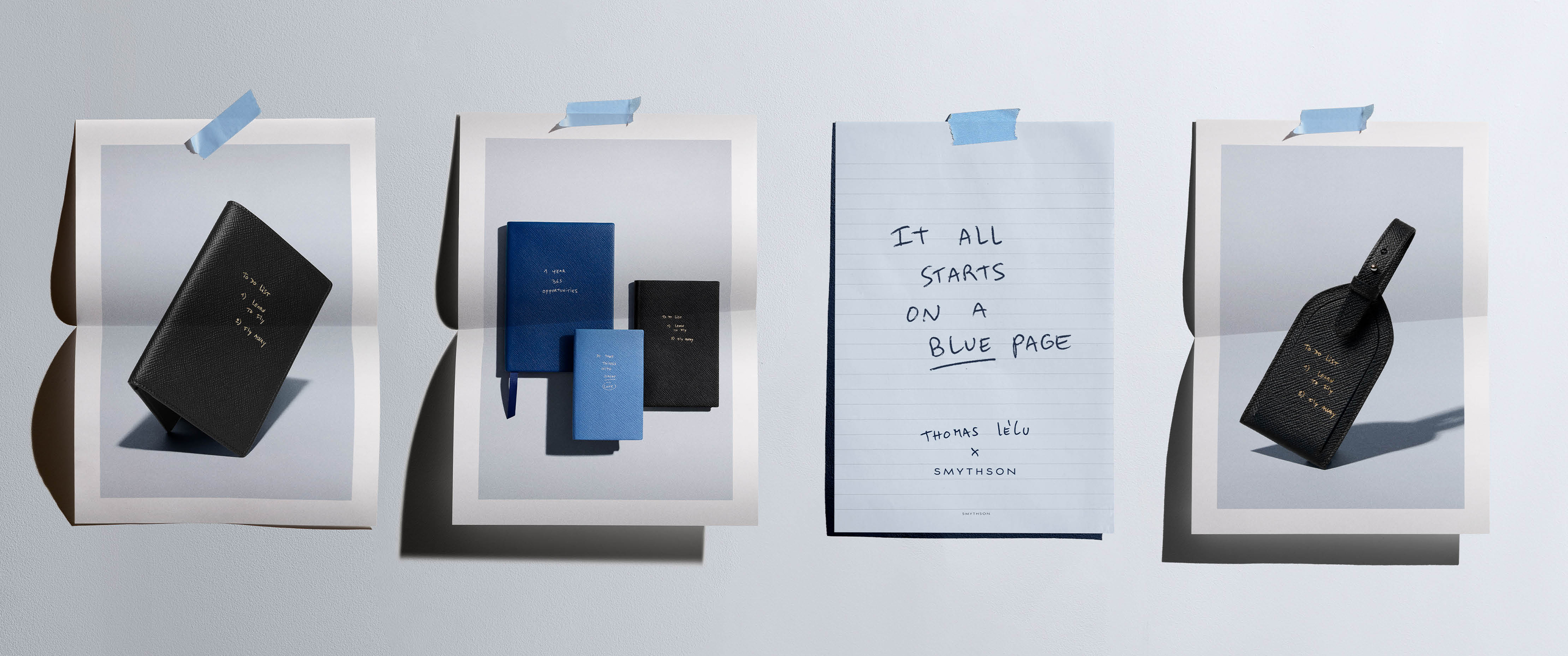 Smythson x Thomas Leelu collection on photographs taped to a wall