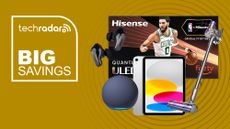 Hisense TV, Echo Dot, iPad, Dyson vacuum and Bose earbuds on a yellow background