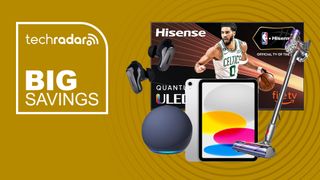 Hisense TV, Echo Dot, iPad, Dyson vacuum and Bose earbuds on a yellow background
