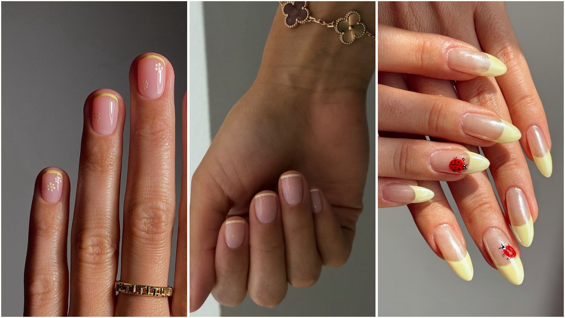 A collage of butter yellow French tip manicures