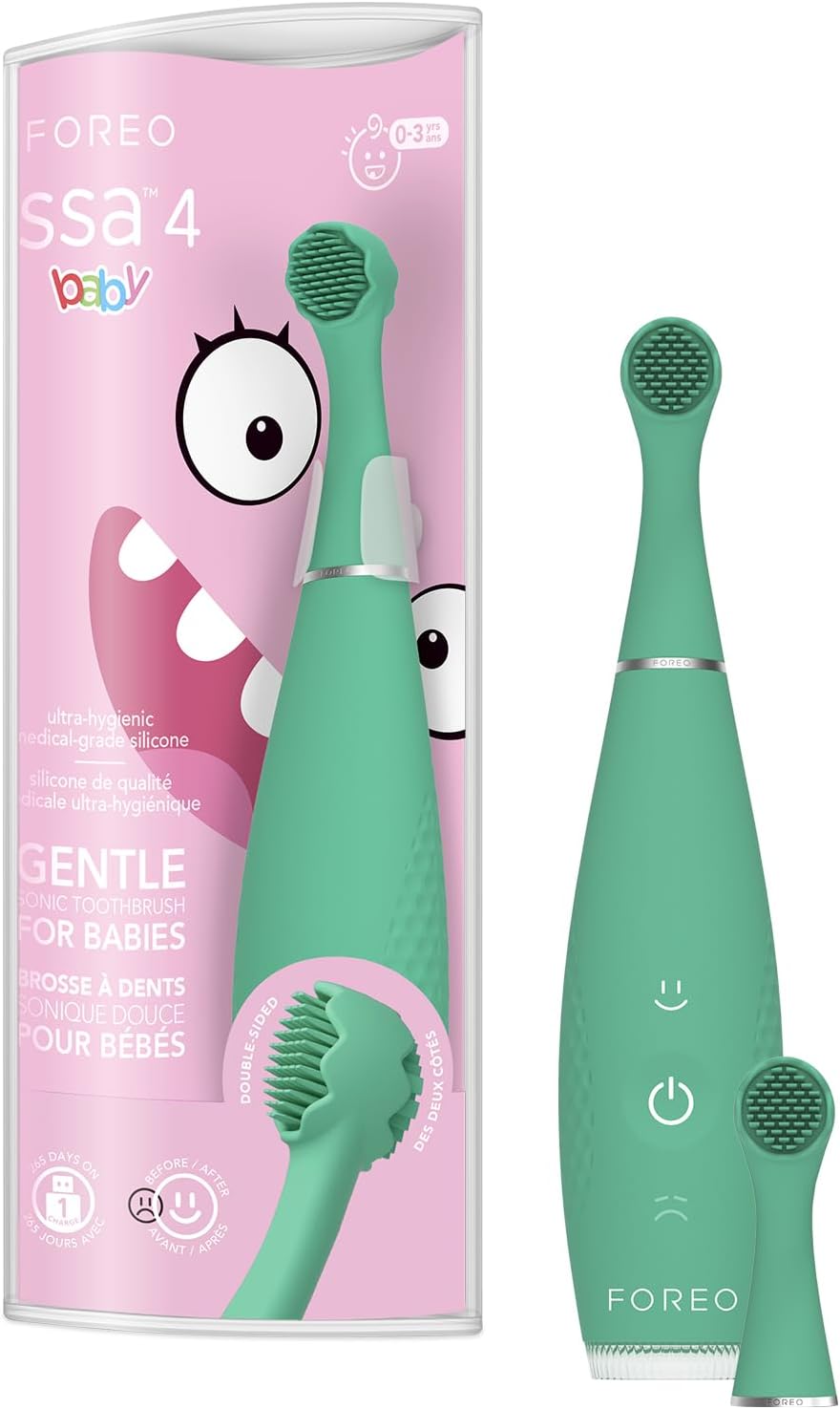 Foreo Issa 4 Baby &amp;ndash; Silicone Sonic Electric Toothbrush Bundle for Babies, 2-Sided Bristles, Fun Smile Feature, Gum Massage, 12 Months of Care With Extra Electric Toothbrush Head, Kiwi Green