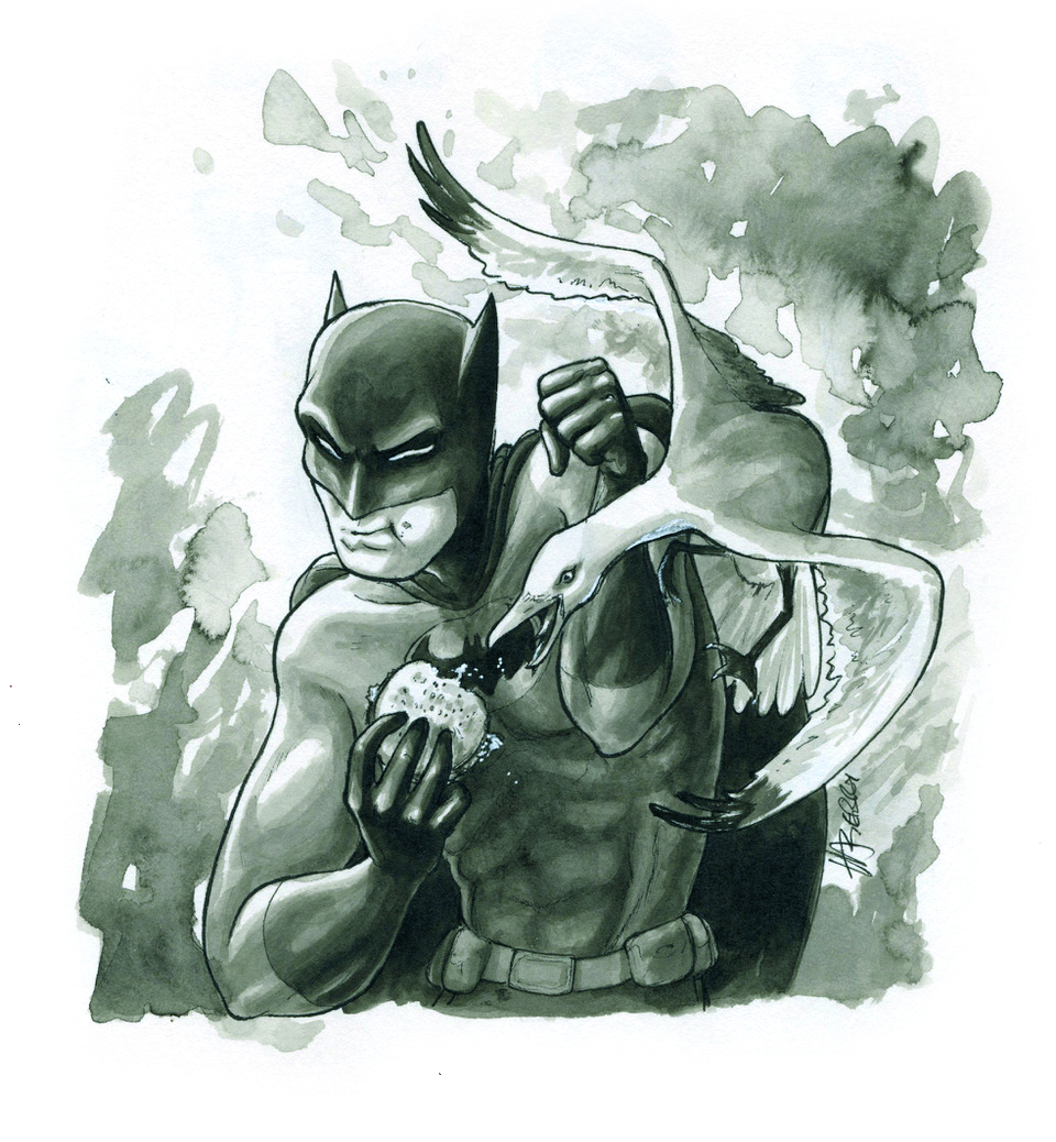 Fan art showing Batman and a seagull eating his sandwich
