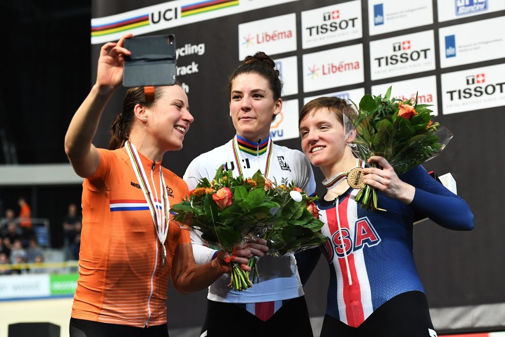 Annemiek van Vleuten, Chloe Dygert Owen and Kelly Catlin on the pursuit podium