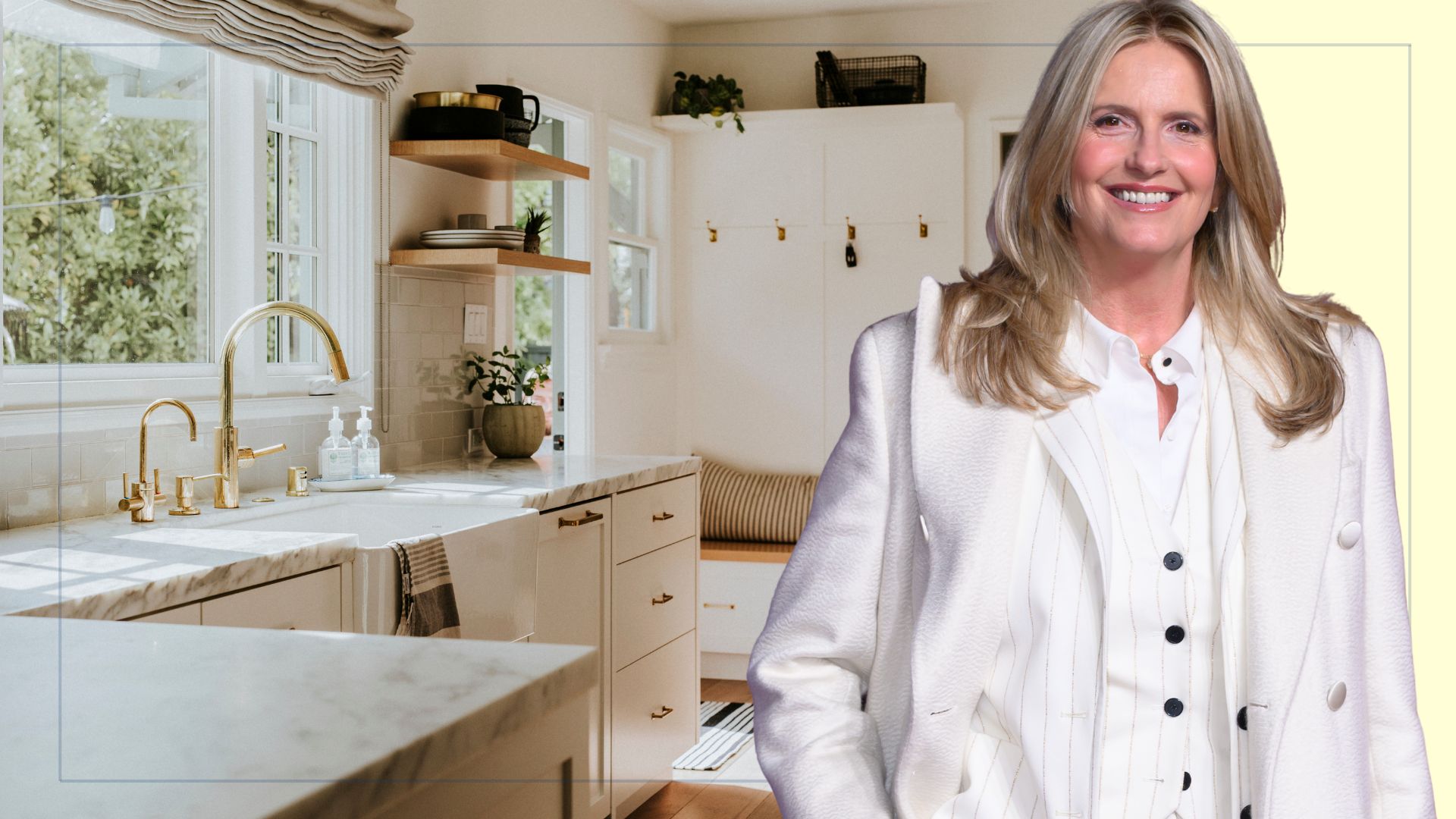 picture of white neutral kitchen with marble tops and cut out of Penny Lancaster over top