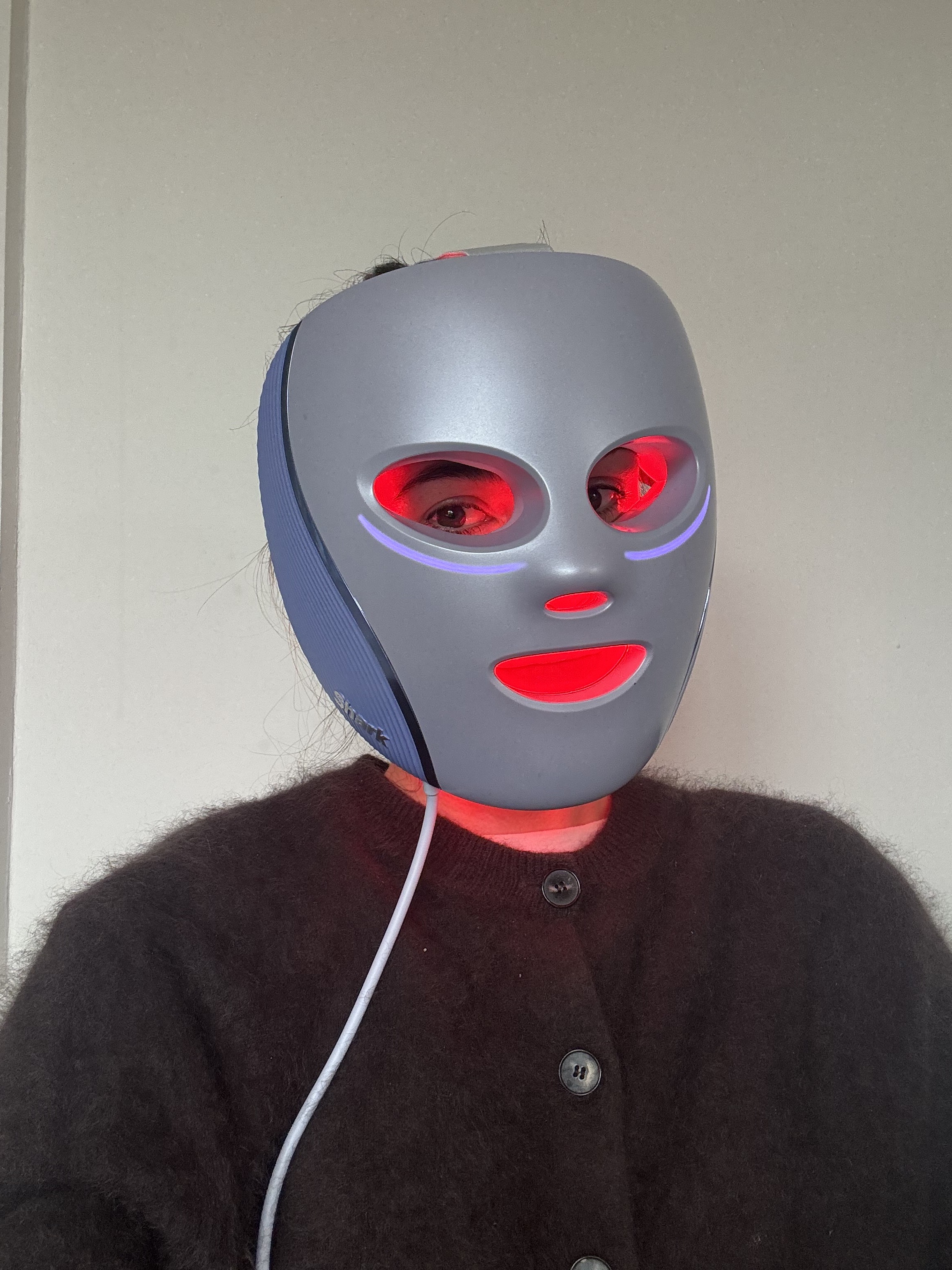 Eleanor testing the new Shark CyroGlow Plus LED mask
