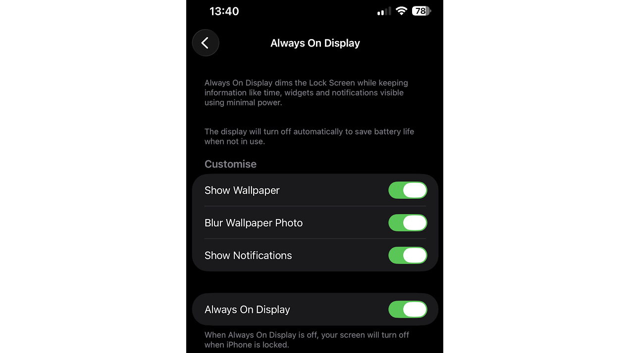 The always-on display settings on an iPhone