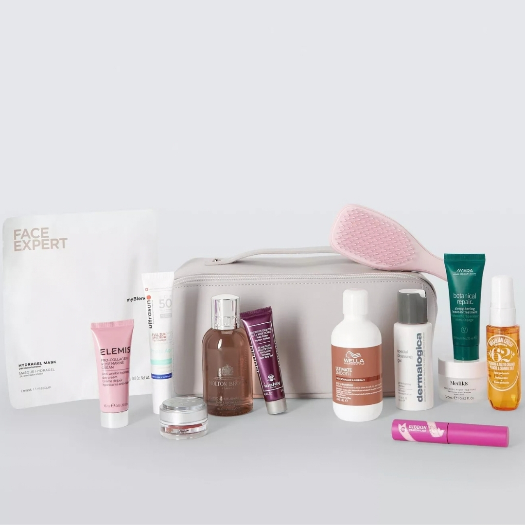 John Lewis The Travel Essentials Beauty Bag with its contents in front