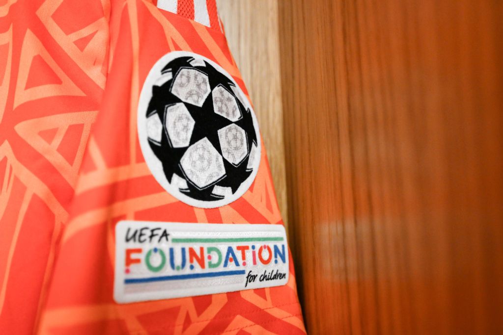 The &quot;Uefa Foundation for children&quot; logo on the Juventus shirt before the UEFA Champions League group H match between Paris Saint-Germain and Juventus at Parc des Princes on September 06, 2022 in Paris, France.