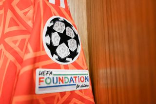 The "Uefa Foundation for children" logo on the Juventus shirt before the UEFA Champions League group H match between Paris Saint-Germain and Juventus at Parc des Princes on September 06, 2022 in Paris, France.
