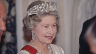 Queen Elizabeth II wearing Queen Alexandra's Kokoshnik Tiara at a state banquet in her honour