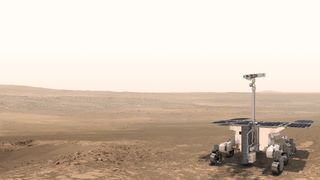 A visualisation of the European ExoMars rover on the surface of the Red Planet.