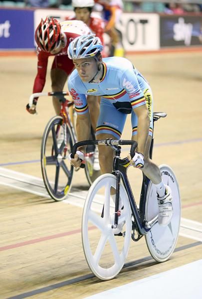 Kenny de Ketele (Belgium) in action during a men's points race qualifying heat.