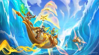 A flying, magical ship carrying Disney characters with a pirate theme flies through a watery maze