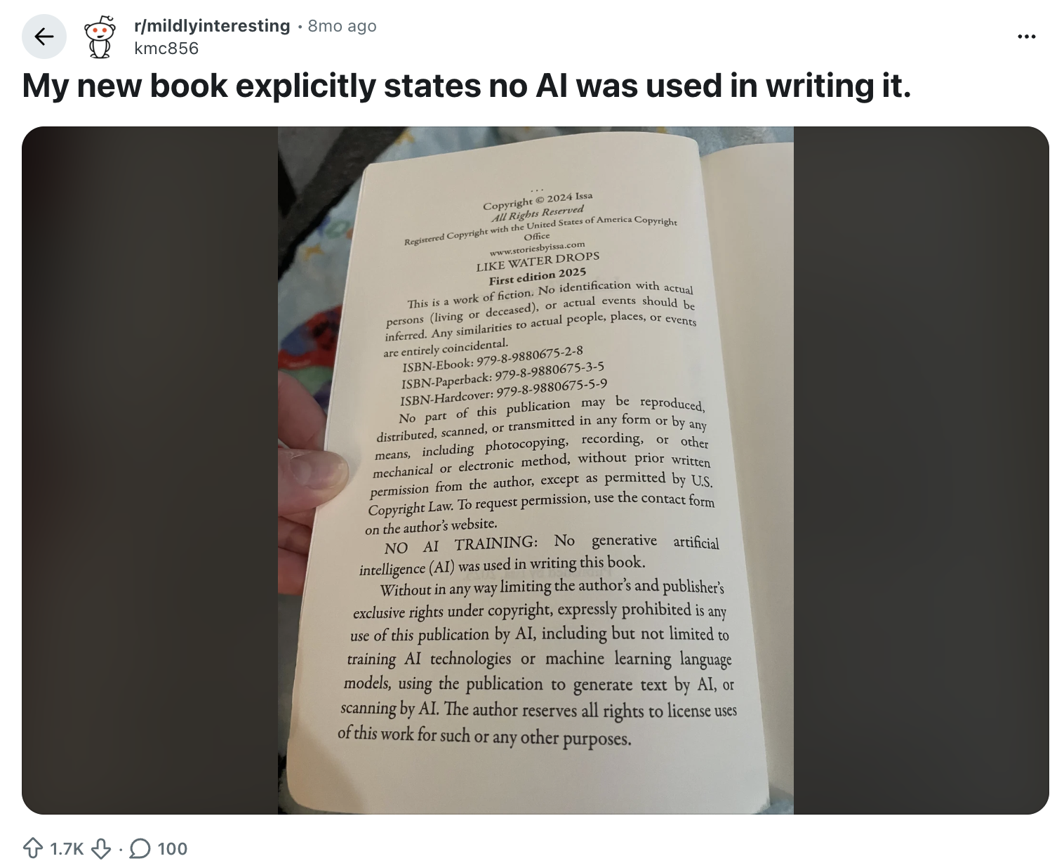 An AI disclaimer page in a book claiming no AI was used