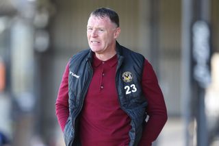 Newport County manager Graham Coughlan during the Sky Bet League 2 match between Newport County and Hartlepool United at Rodney Parade, Newport on Saturday 15th April 2023. (Photo by Mark Fletcher/MI News/NurPhoto via Getty Images)