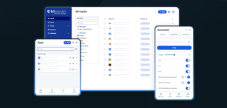Bitwarden password manager user interface on tablet, mobile, and computer.