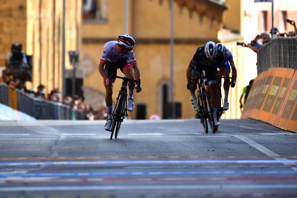 AGRIGENTO ITALY OCTOBER 04 Arrival Sprint Diego Ulissi of Italy and UAE Team Emirates Peter Sagan of Slovakia and Team Bora Hansgrohe Mikkel Honore of Denmark and Team Deceuninck QuickStep during the 103rd Giro dItalia 2020 Stage 2 a 149km stage from Alcamo to Agrigento 243m girodiitalia Giro on October 04 2020 in Agrigento Italy Photo by Stuart FranklinGetty Images