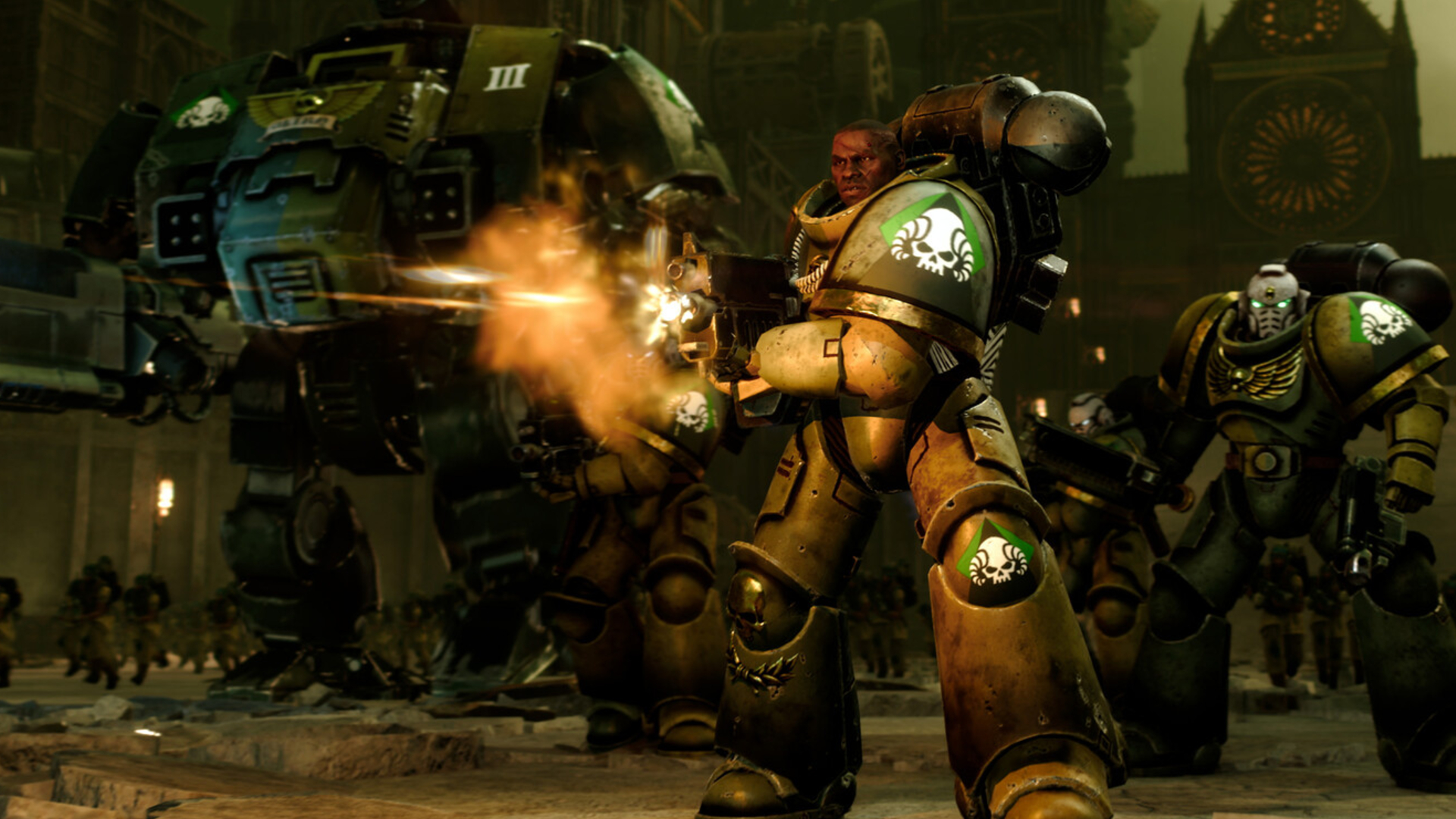 A space marine in green armor firing his rifle forwards as another space marine and a dreadnought approach from behind