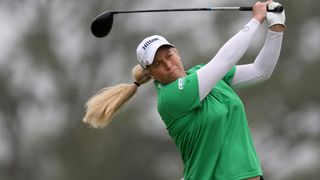 Brittany Lincicome plays her shot from the fourth tee during the first round of the 2022 KPMG Women's PGA Championship