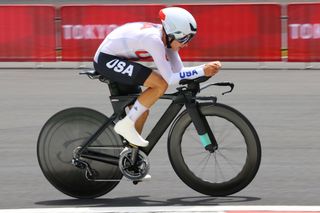 JULY 28: Amber Neben of Team United States rides during the Women's Individual time trial on day five of the Tokyo 2020 Olympic Games at Fuji International Speedway on July 28, 2021 in Oyama, Shizuoka, Japan. (Photo by Tim de Waele/Getty Images)