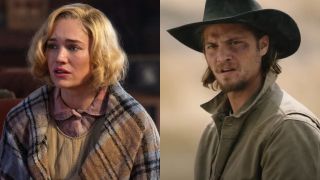 Frome left to right: Michelle Randolph as Elizabeth looking distressed in 1923 and Luke Grimes as Kayce looking confused in Yellowstone.