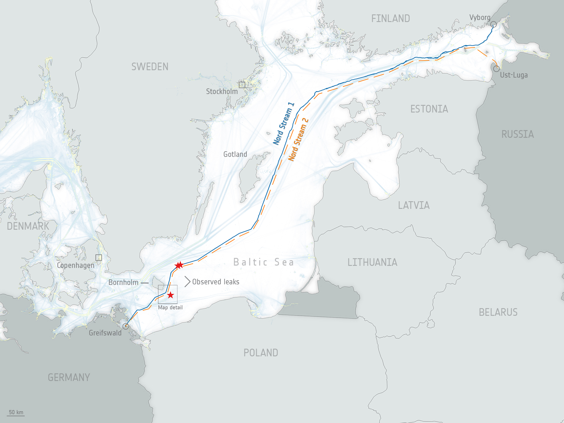 Locations of the four ruptures in the Nord Stream gas pipeline in the Baltic Sea.