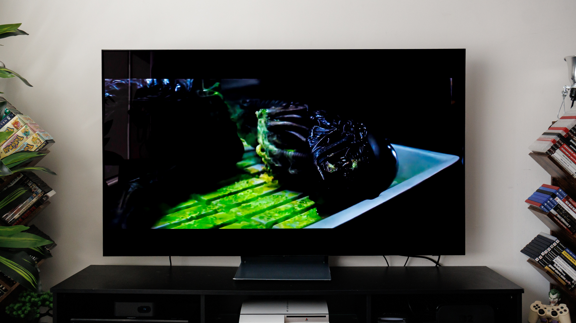 Samsung S90F OLED TV on a cabinet