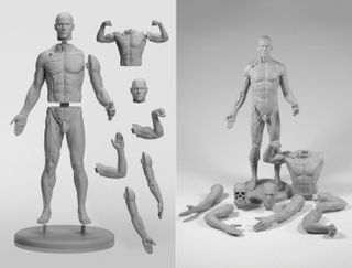 Different components of the adaptable male figure, including torso, arm and skull sculpts