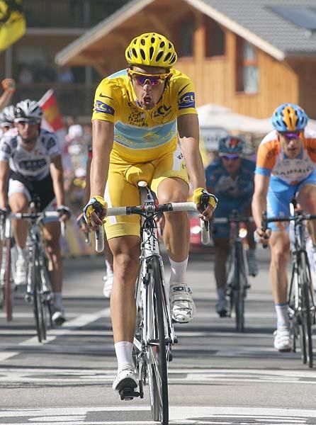 Alberto Contador (Astana) finishes stage 16.
