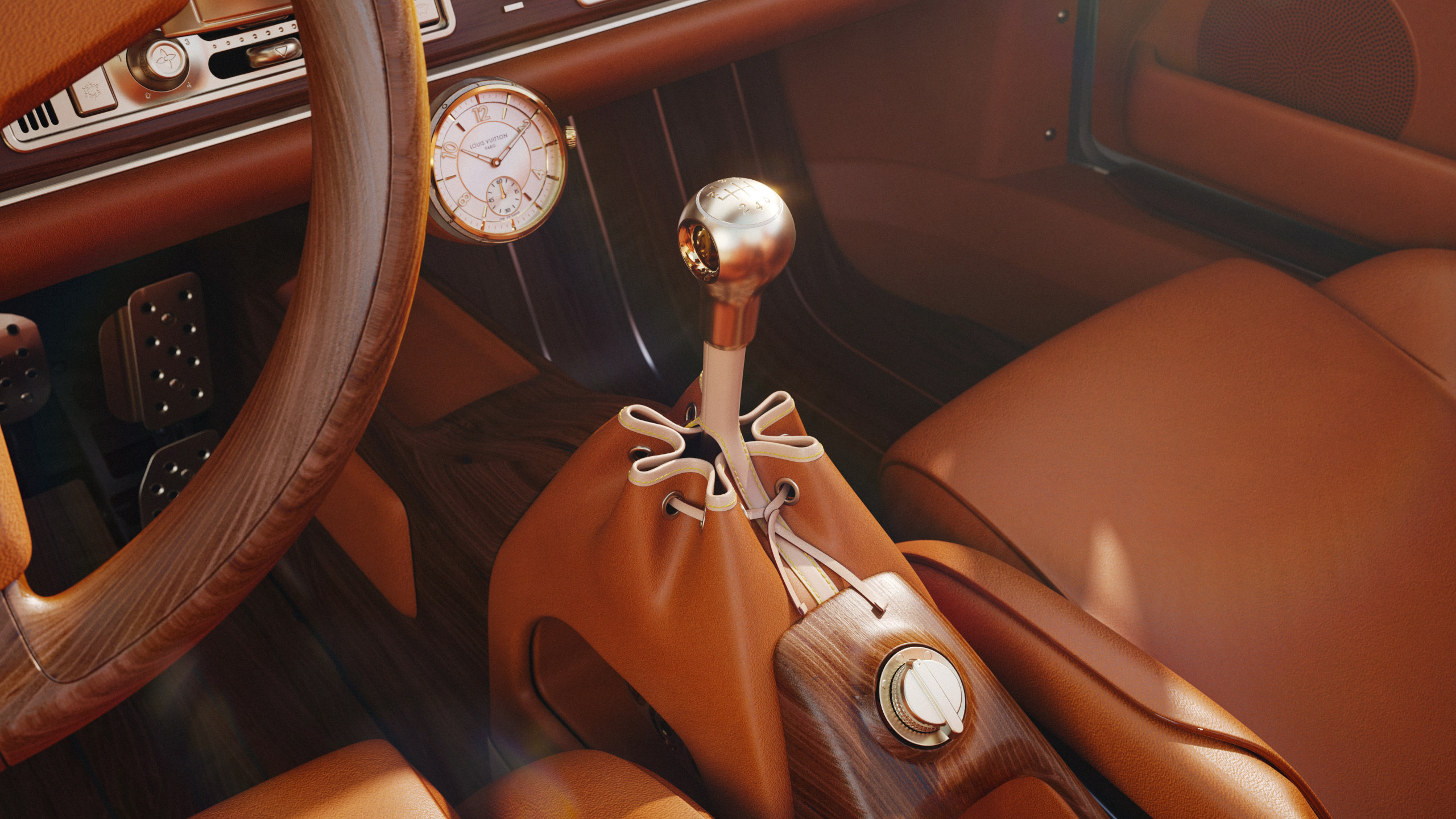 The Louis Vuitton Tambour-inspired dashboard clock in the Singer Classic Turbo