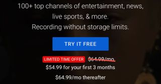 YouTube TV's introductory price discount offer, with $10 off for the first three months.