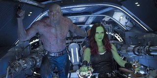 Drax and Gamora riding through space