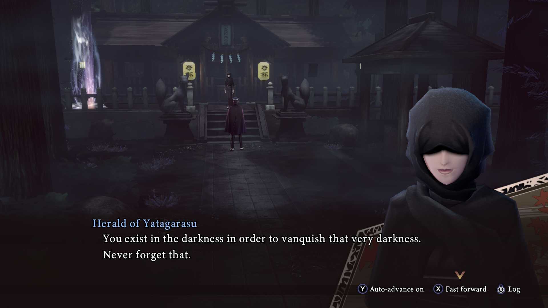 Herald of Yatagarasu converses with Raidou in Raidou Remastered: The Mystery of the Soulless Army