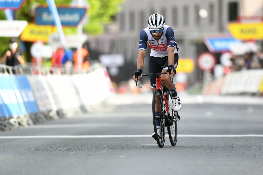 ONDARROA SPAIN APRIL 09 Arrival Julien Bernard of France and Team Trek Segafredo during the 60th ItzuliaVuelta Ciclista Pais Vasco 2021 Stage 5 a 1602km stage from Hondarribia to Ondarroa itzulia ehitzulia on April 09 2021 in Ondarroa Spain Photo by David RamosGetty Images